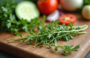 Fresh herbs, tomatoes, cucumber and red onion arranged on wooden cutting board for meal prep. Vibrant colours for healthy eating, cooking, culinary ingredients, nourishment and wellness.