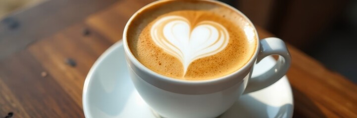 Obraz premium Creamy heart-shaped latte art in pristine white cup & saucer , foam, porcelain