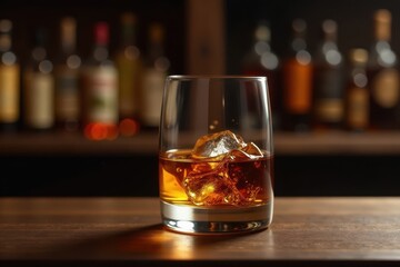 Amber whiskey, clinking glasses, dark wood bar, smooth, bar