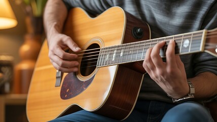 Fototapeta premium A photorealistic close-up of a person's hands expertly playing an acoustic guitar, focusing on the strings and music