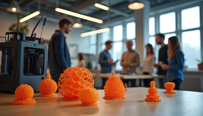 Innovative 3D printing workshop shows creative team collaboration. Modern workspace with 3D printers, machinery, prototypes. Professionals engineering new product designs, development in high-tech