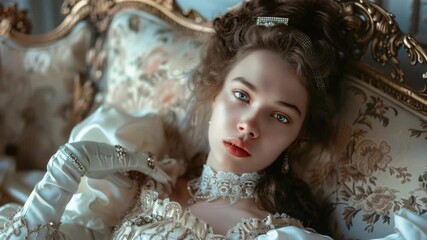 Woman in period dress with ornate jewelry.