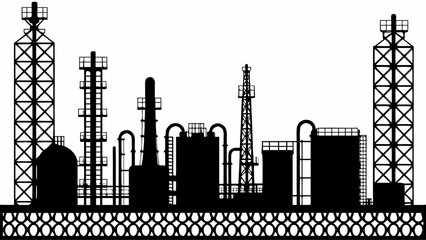 Obraz premium Silhouette of industrial plant with towers tanks and pipelines against a white background landscape view | editable eps vectors