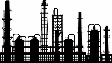 Obraz premium Silhouette depiction of an industrial complex featuring towers tanks and connecting pipes in a monochrome view | editable eps vectors