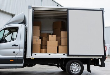 Efficient delivery truck packed with cardboard boxes ready for logistics and shipping.