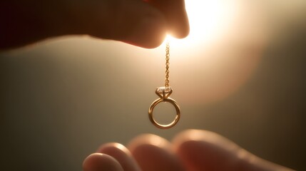 Delicate gold ring pendant held by hand against a soft light background.