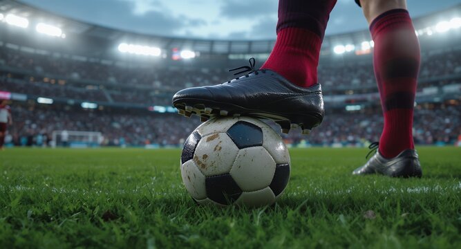 Soccer Cleats on Ball in Stadium Game Ready - Powered by Adobe