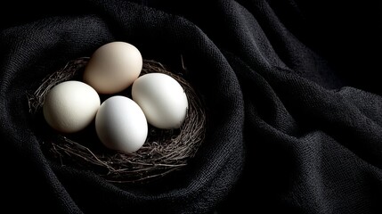 Four eggs nestled in a bird's nest, a symbol of new beginnings, life, and growth on black