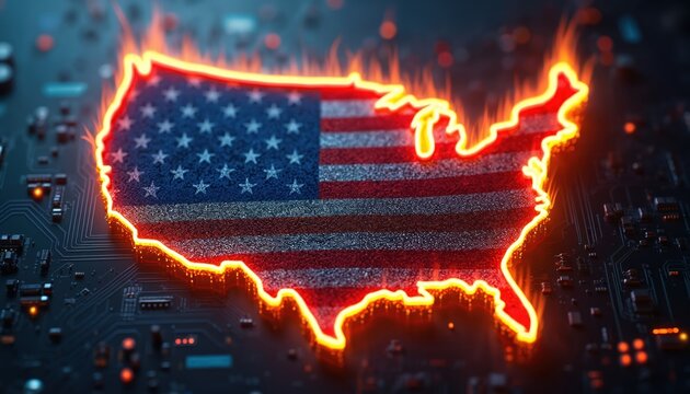 USA map with American flag circuitry burns, representing tech bubble burst and market decline. Downward trend on chart visualized on circuit board, symbolizing economic recession and financial crisis. - Powered by Adobe