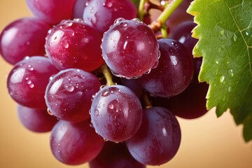 Close-up of a fresh grape cluster with water droplets on a beige background. Ideal for food packaging, healthy lifestyle blogs, wine ads and branding, culinary websites, organic produce ads, business