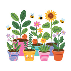 Charming potted plants and bees illustration with whimsical characters