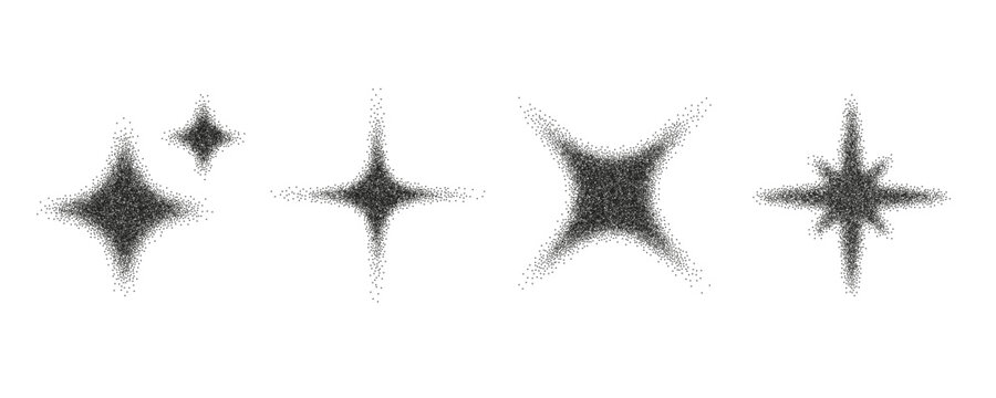 Noisy stippled grainy texture star collection. Black stippled sparks set. Halftone glitter, twinkle, sparkle, grain dots texture. Vector 