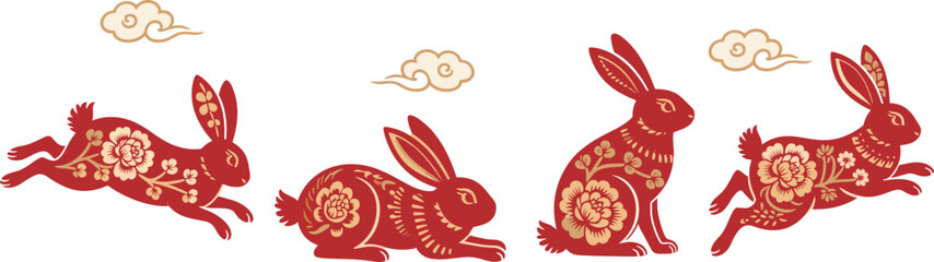 Traditional Mid-Autumn Festival elements featuring Chang'e (the moon goddess), a jade rabbit, and glowing round mooncakes under a full moon. Chinese-style motifs include red lanterns, paper-cut design