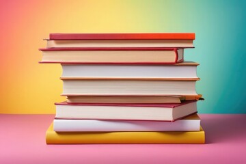 Fototapeta premium Stack of books on bright colorful background with copy space. Ideal for education, learning, literature, study, knowledge concepts, online courses, libraries, publishing, advertising, design, websites