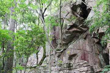 奥津渓谷の天狗岩の奇岩と女窟の断崖