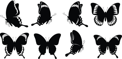 Butterfly silhouette vector collection, black and white insect illustrations, nature-inspired graphic design, diverse butterfly shapes, perfect for decorative, educational, artistic use