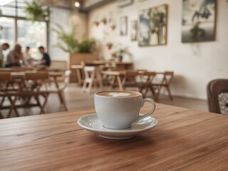 Ceramic Coffee Cup with Latte Art in Cozy Modern Café – Warm Scandinavian Interior with Natural Light (AI Generated)