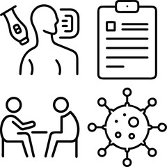 Four simple line art icons depict a temperature check, medical record, doctor patient consultation, and a virus illustration.