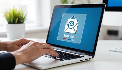 Hands typing on a laptop screen displaying an email subscribe button, symbolizing digital communication and online engagement.