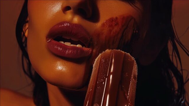 Glittering eyes, luscious lips, and a slick finish on the skin of an enticing woman with chocolate dripping from her mouth.