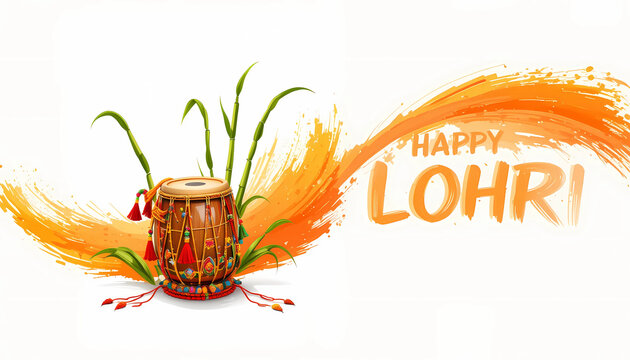 A festive lohri celebration with a traditional drum sugarcane and vibrant orange brushstrokes design element