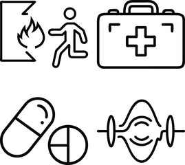A collection of icons representing emergency situations and medical aid, including fire escape, first aid kit, medication, and medical equipment.