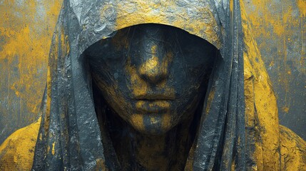Mysterious hooded figure with textured dark and gold details, evoking depth and intrigue in art