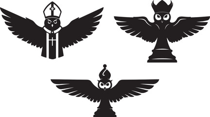 Avian Bishop with Wings Spread | Unique Religious Symbolism Art King Owl Chess Piece | Black and White Royal Bird Logo

