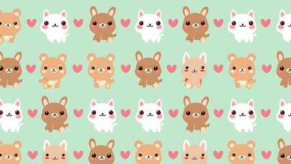 Obraz premium Cute Cartoon Animals Pattern Featuring Bears Bunnies and Cats with Pink Hearts