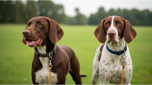 Captivating Portraits of German Shorthaired Pointers in Nature, showcasing their breed, energy, and charming companionship against a lush green backdrop perfect for animal enthusiasts and breed