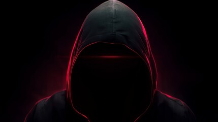 Mysterious figure in a hooded sweatshirt with red neon outline against a dark background