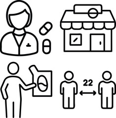 Icons depicting a pharmacist, pills, a pharmacy building, a hand sanitizing station, and people maintaining distance.