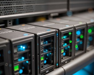 Obraz premium Modern Data Center with Server Racks and LED Lights in Focus