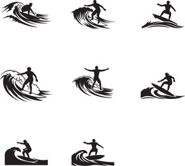 Obraz premium Surfer silhouette set. Collection of surfers riding waves. Extreme water sport vector icons.