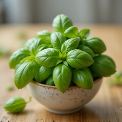 Obraz premium Fresh Basil Leaves in Ceramic Bowl