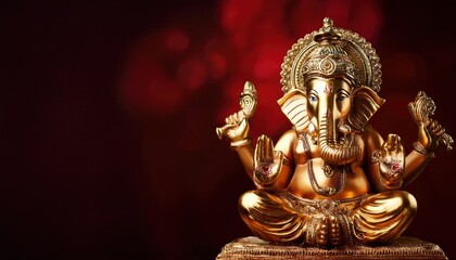 Fototapeta premium Gold Ganesha Statue on Dark Red Background