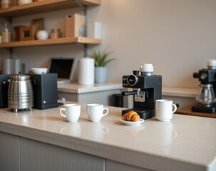 Modern Espresso Machine on Bright Kitchen Counter with Coffee Cups