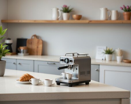 Modern Espresso Machine on Kitchen Counter with Coffee Cups and Pastries