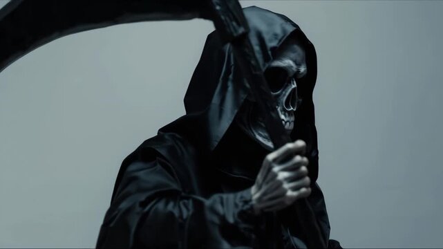 Halloween Grim Reaper with scythe finger pointing, cosplay black costume, Angel of Death scary in black hooded cape, skull face mask, theme party spooky gothic ball event