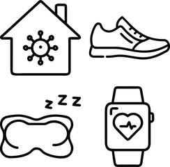 A collection of four simple line art icons depicting a house with a virus, a running shoe, a sleep mask, and a smartwatch with a heart rate monitor.