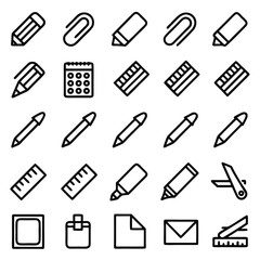 Stationery and office supply icons with pens and rulers pencil
