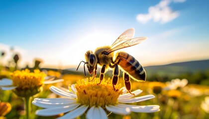 Honeybee gathers nectar on a daisy
