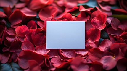 Blank white card surrounded by a trail of vibrant red rose petals