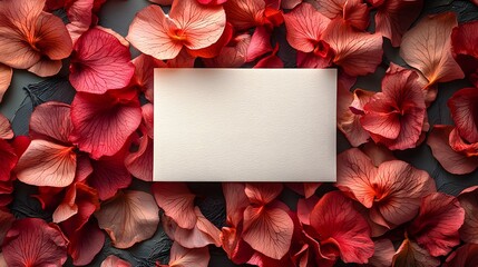 Delicate red petals frame a blank card for a farewell message
