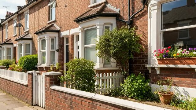 Row of traditional red brick terraced houses in a residential street. English townhouses with bay windows and front gardens.