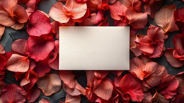 Delicate red petals frame a blank card for a farewell message