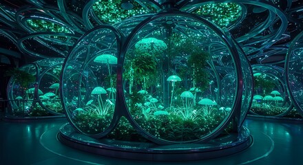 Futuristic Biodome: Glowing Mushrooms and Plants in Teal Encased in Modern Glass Domes.