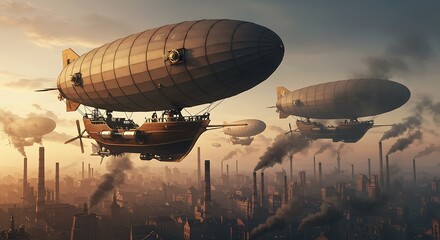 Naklejka premium Steampunk Airships Soaring Over Industrial City at Sunset: Dramatic Fantasy Artwork