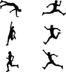 Athlete silhouettes illustration, running and jumping vector art, sports action poses, 