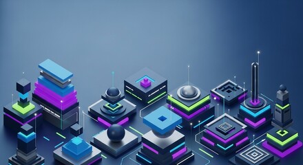 Abstract isometric server rack data center illustration depicting network nodes, connection lines, and futuristic technology platforms for cloud computing and data storage solutions.